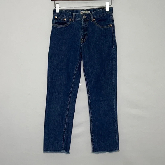 Levi's High Rise Ankle Straight Raw Hem Adjustable Dark Wash Jeans - 14R - Picture 1 of 8